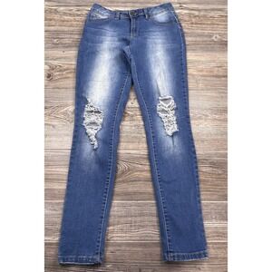 YMI WannaBettaButt Junior's Skinny Jeans Size 9 Blue Mid Rise  Distressed